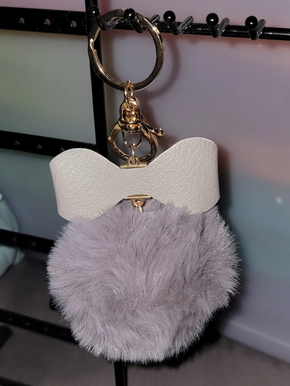 Gray Faux Fur Pom Bow Keychain with Gold Hardware